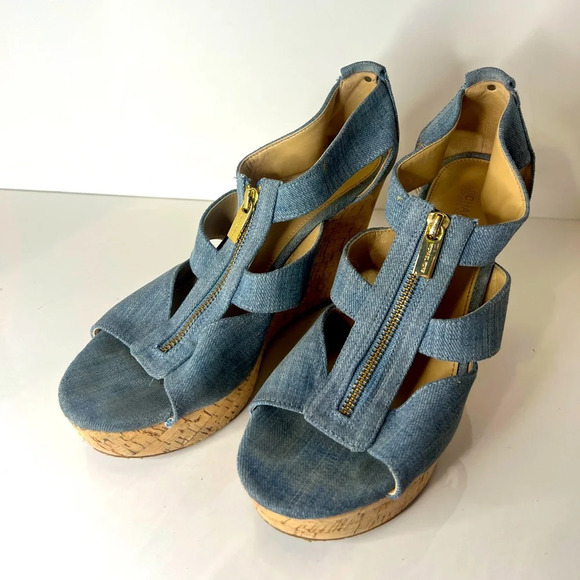 Women’s sz 6 Michael Kors Damita Espadrille Wedge Sandal platform zip Denim blue - Picture 1 of 9